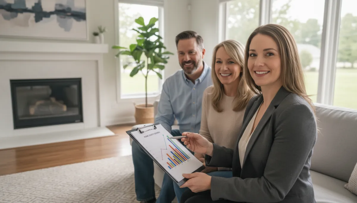 Real estate agent explaining home equity and PMI to homeowners Real estate agent explaining home equity and PMI to homeowners