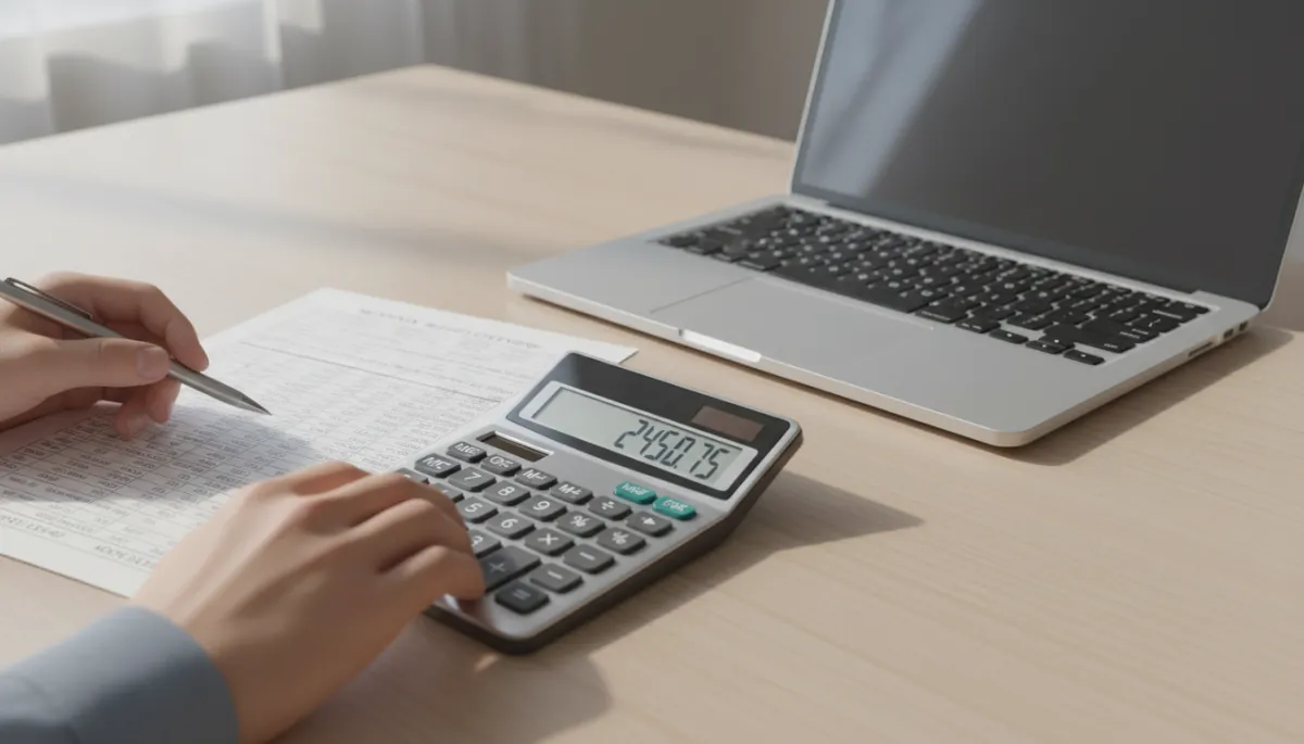 Person calculating monthly budget and debt payments at a desk