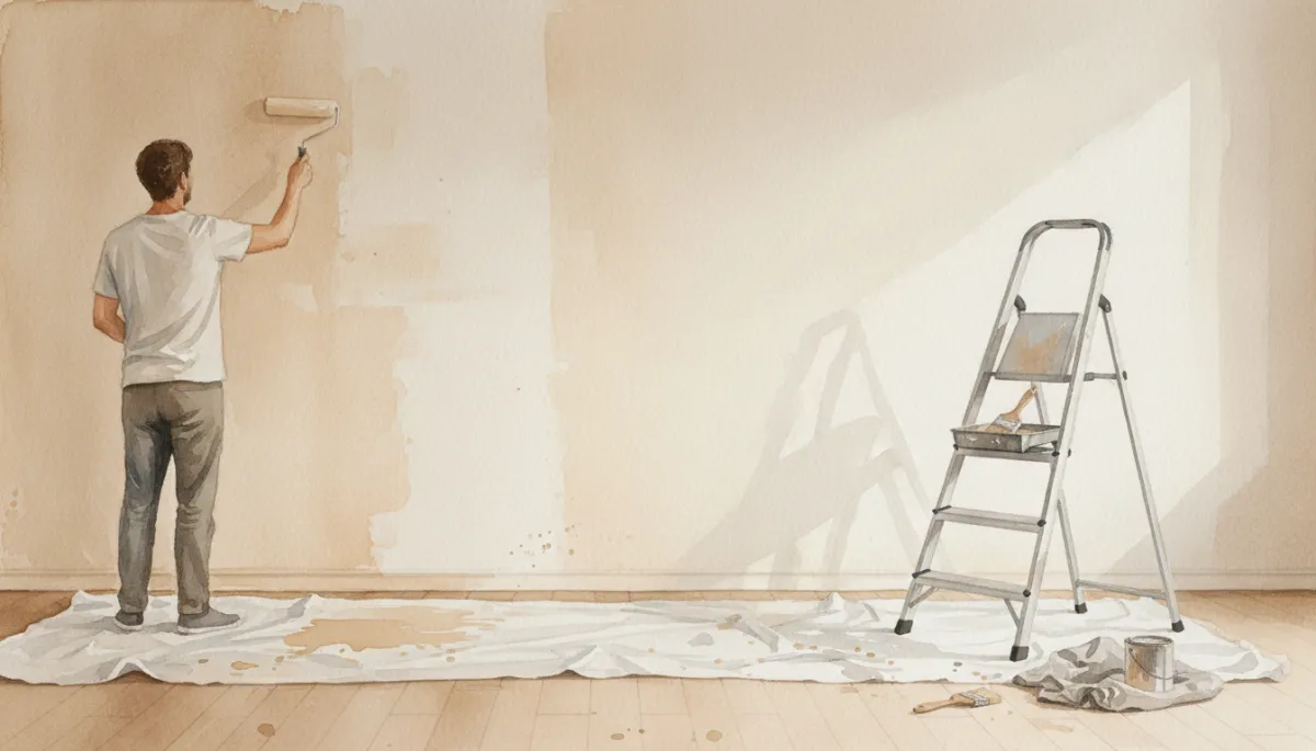 Homeowner repainting a neutral living room to refresh the space Homeowner repainting a neutral living room to refresh the space