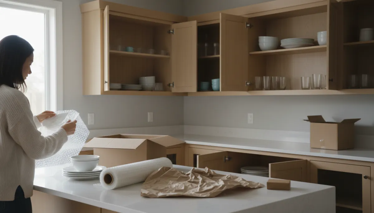 Person carefully packing dishes and glasses from kitchen cabinets into moving boxes