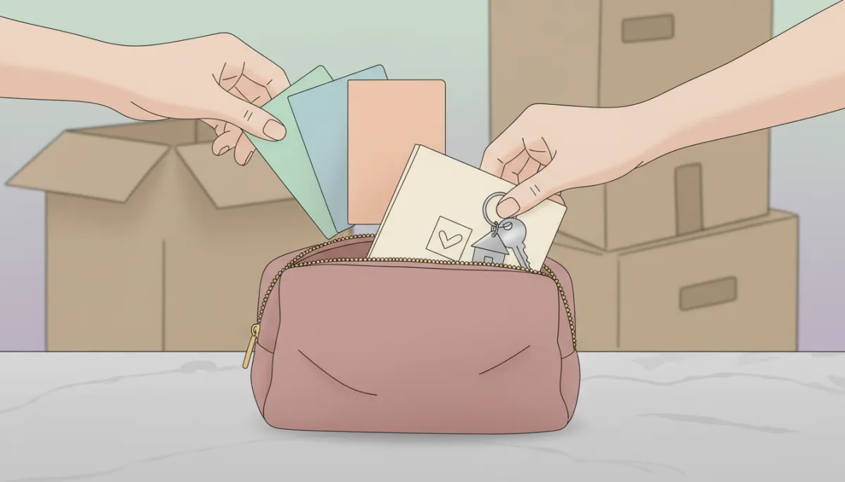 Hands organizing passports, keys, and important documents into a small bag before moving