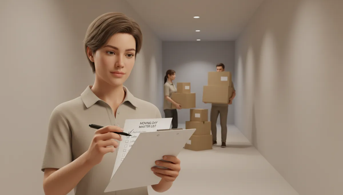 Person managing a moving-day checklist while friends carry boxes