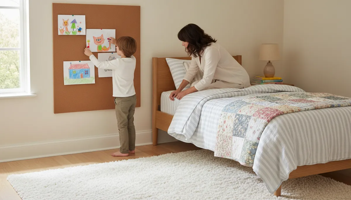 Child decorating a new bedroom with help from a parent