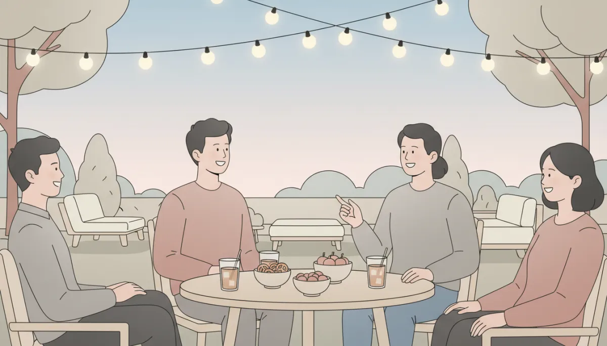 Neighbors gathered casually in a backyard sharing drinks and conversation