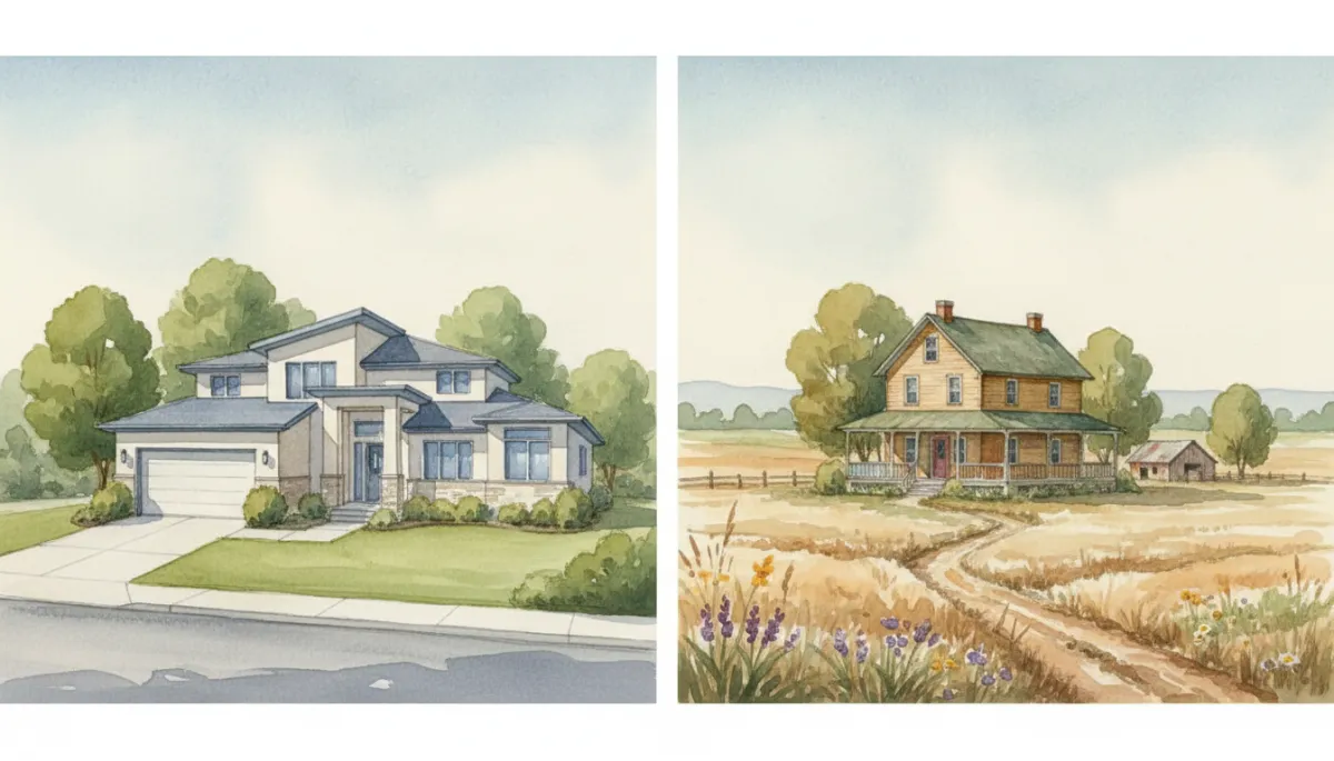 Comparison of a large suburban home on a small lot and a smaller home on five acres