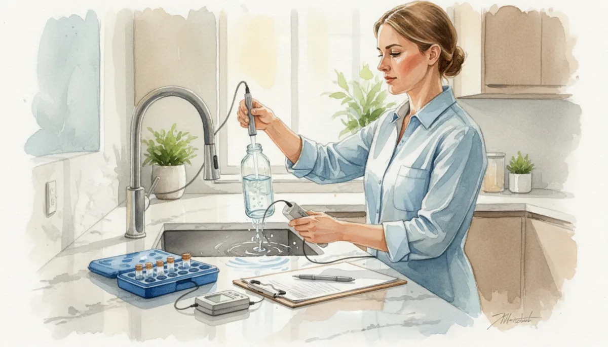 Technician collecting a water sample from a kitchen tap for lab testing Technician collecting a water sample from a kitchen tap for lab testing