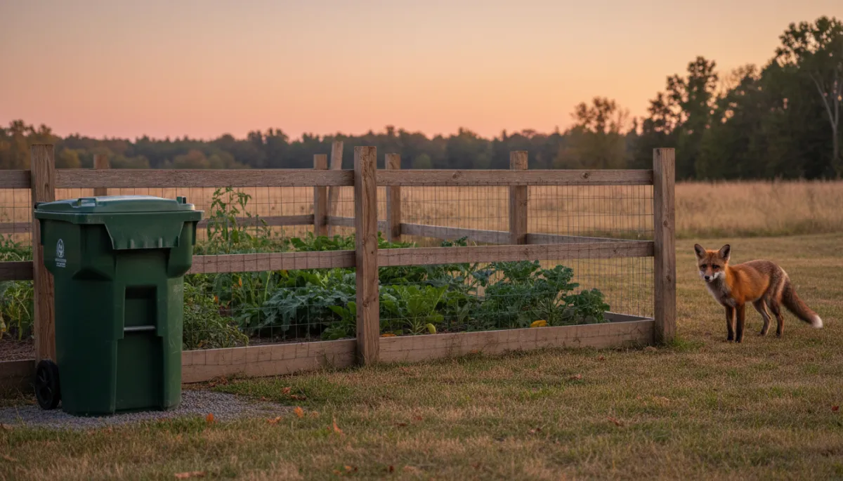 Rural backyard with secure garden and a fox at the tree line