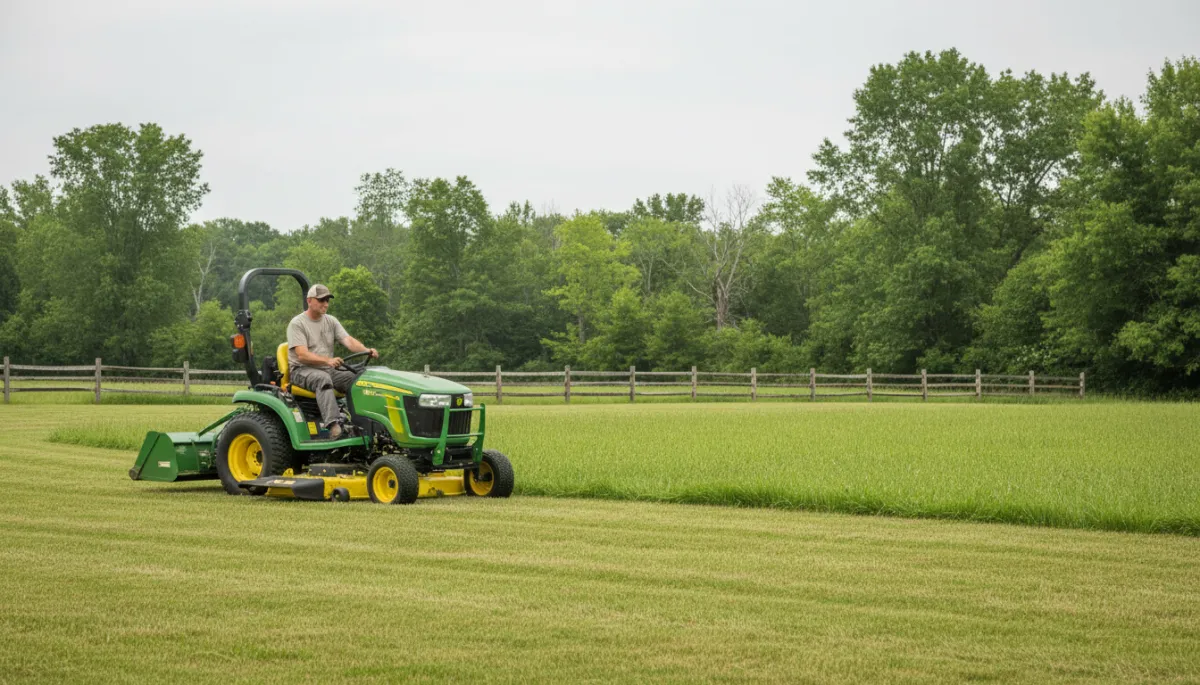 Homeowner using a compact tractor to mow several acres of grass