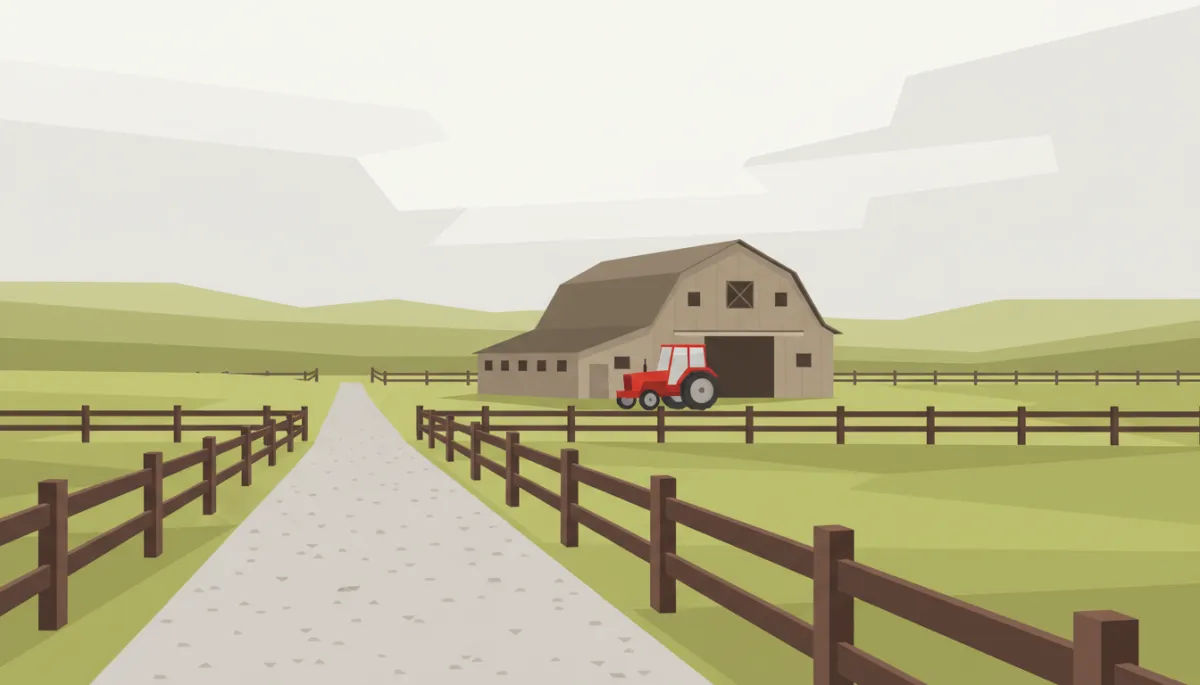 Driveway, fencing, and equipment on a well-kept acreage property