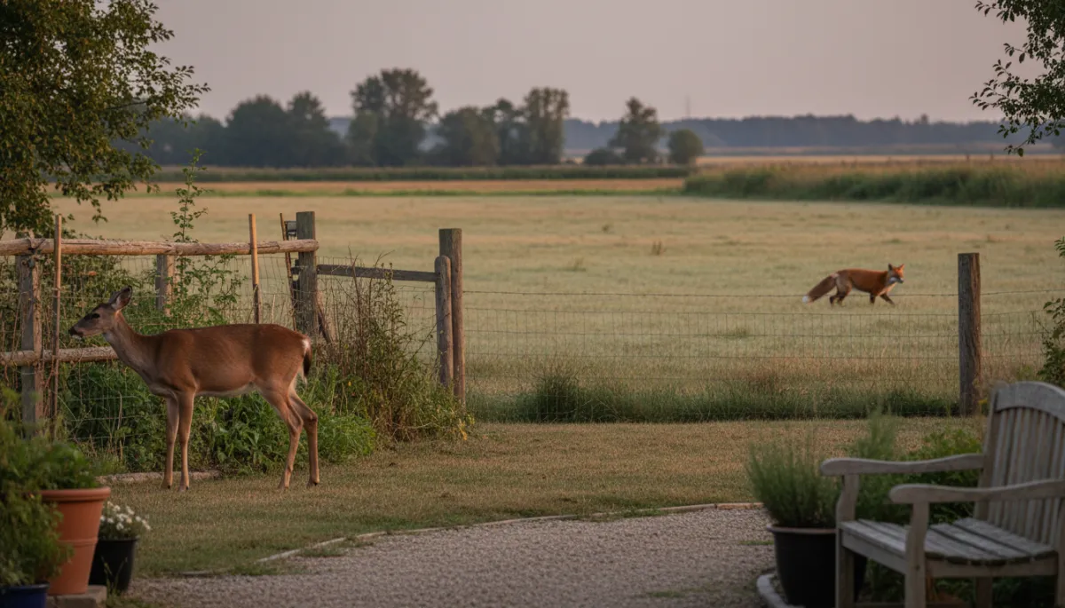 Deer and fox moving carefully around a rural backyard near a garden