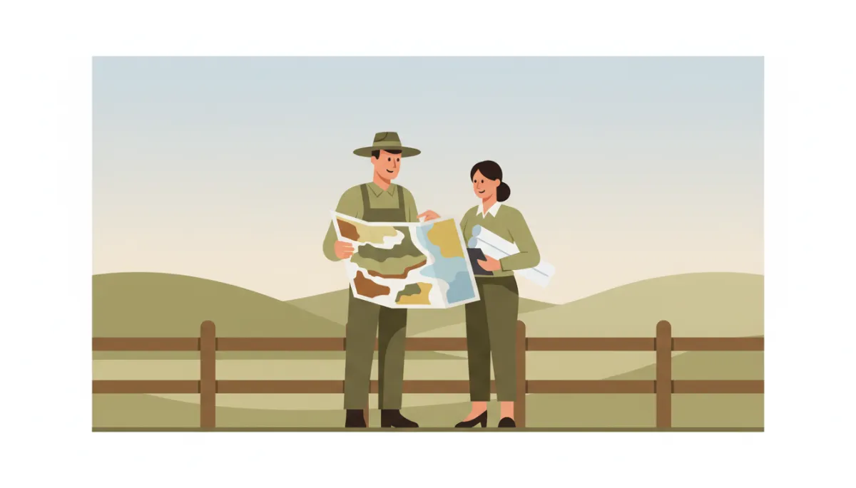 Farmer and land agent reviewing soil and zoning maps at a fence line Farmer and land agent reviewing soil and zoning maps at a fence line