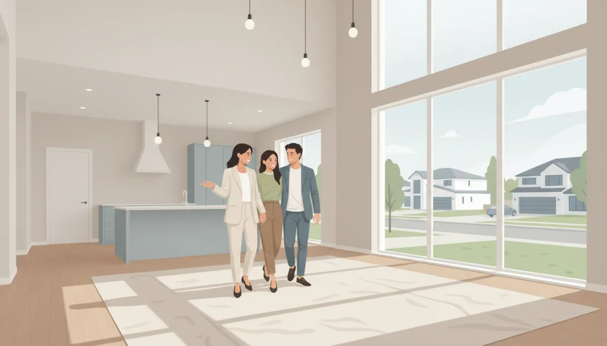Real estate agent touring buyers through a nearly completed new-construction home Real estate agent touring buyers through a nearly completed new-construction home