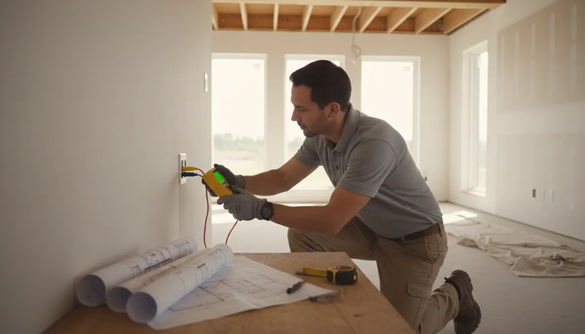 Inspector testing electrical outlets inside a new construction home