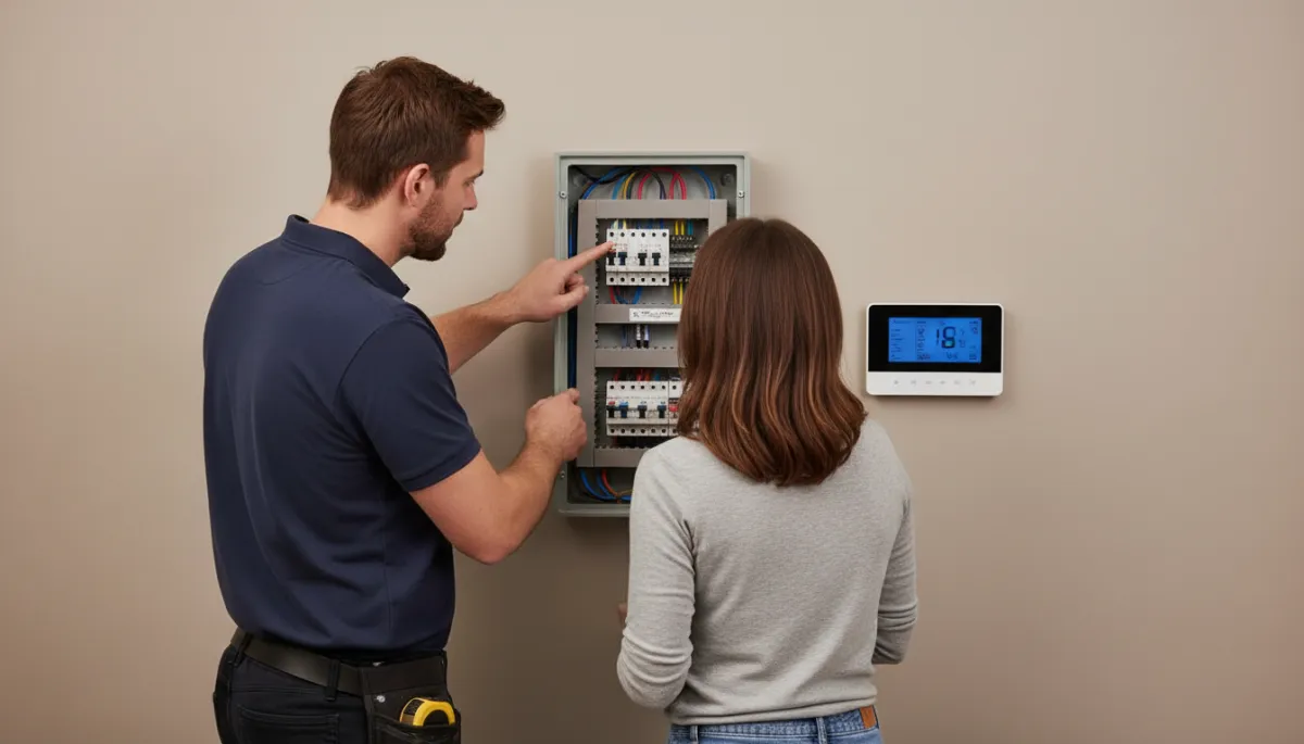 Builder explaining home mechanical systems covered by a builder warranty to a homeowner