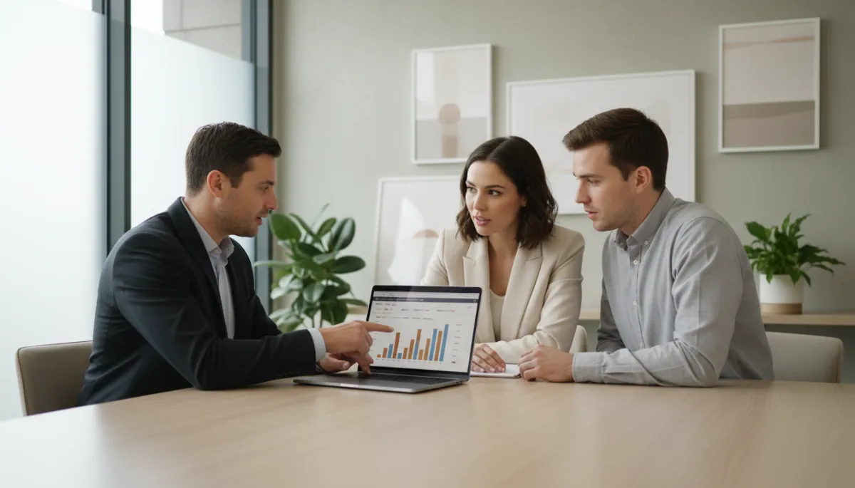 Mortgage advisor explaining construction timelines and loan options to homebuyers Mortgage advisor explaining construction timelines and loan options to homebuyers