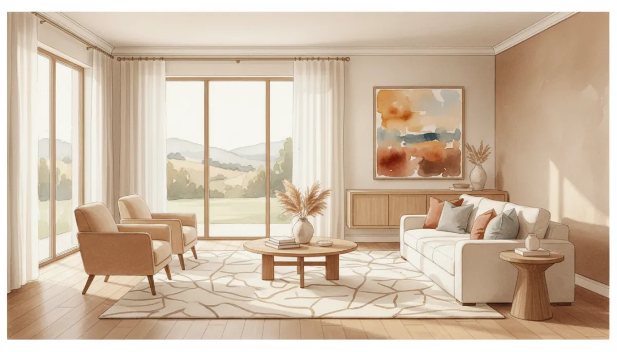 Professionally staged living room inside a model home