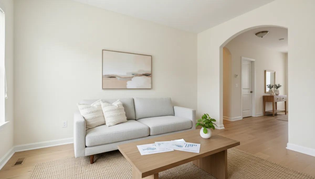 Stylish duplex living room with rental figures on the table