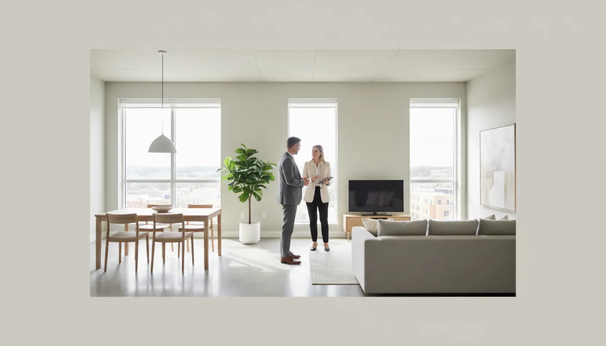 Landlord and agent reviewing rental pricing inside a modern apartment Landlord and agent reviewing rental pricing inside a modern apartment