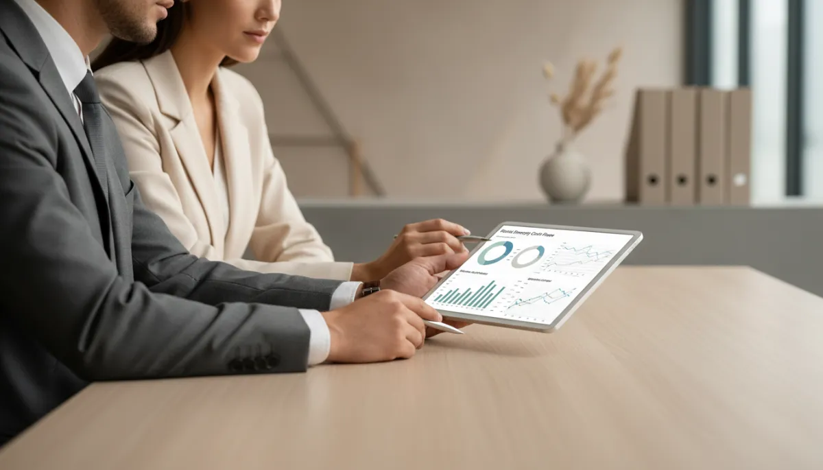 Advisor and investor reviewing cash flow projections for a rental property