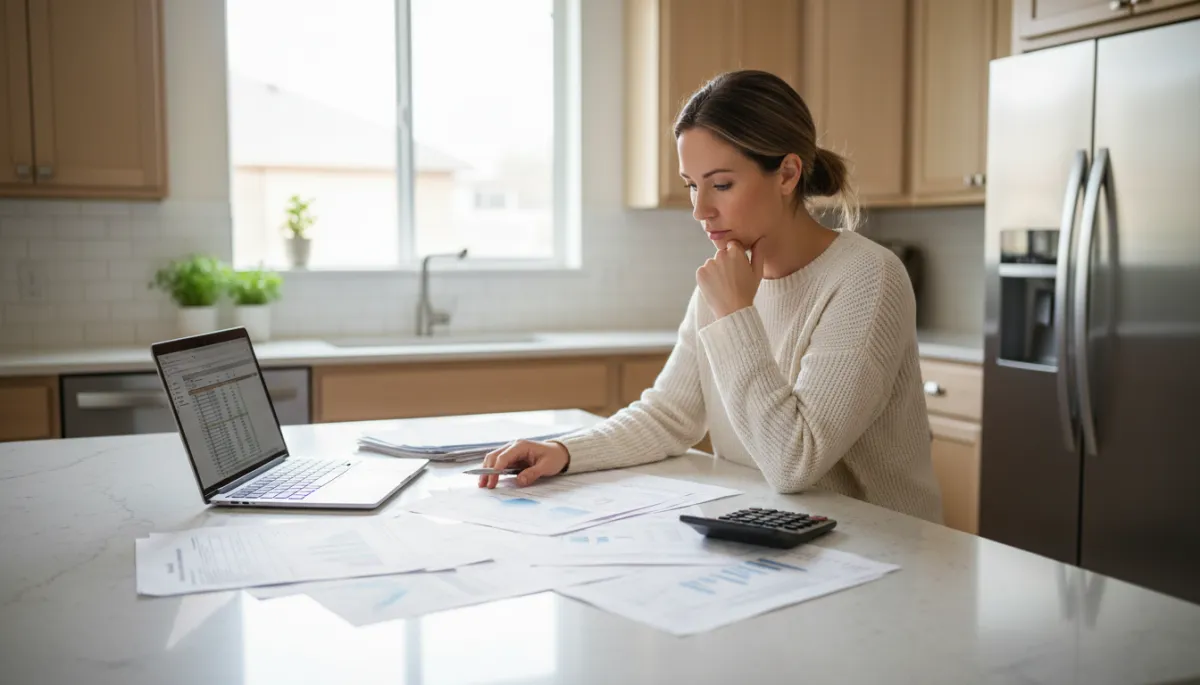 Homeowner reviewing real estate paperwork alone at a kitchen counter