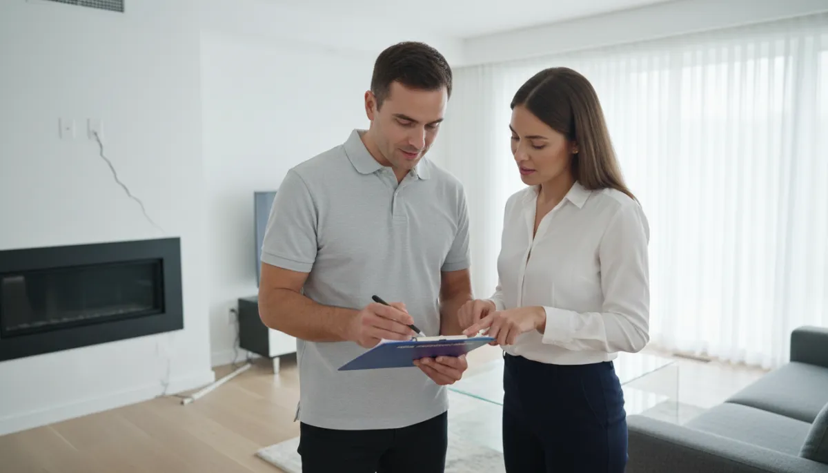 Homebuyer reviewing a property condition checklist with an inspector