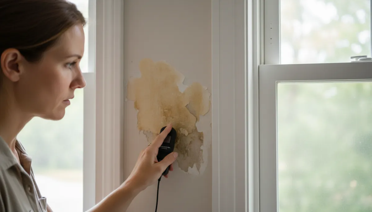 Homebuyer inspecting water damage and peeling paint near a window Homebuyer inspecting water damage and peeling paint near a window