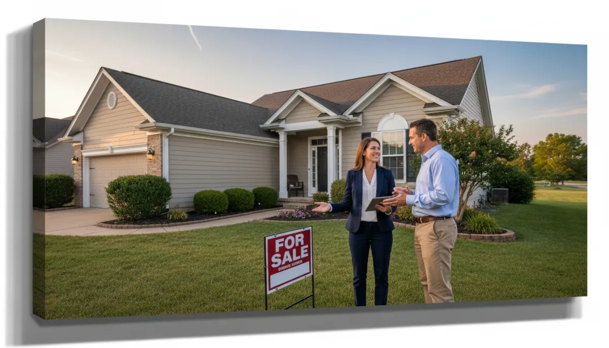 Real estate agent and homeowner talking in front of a home for sale