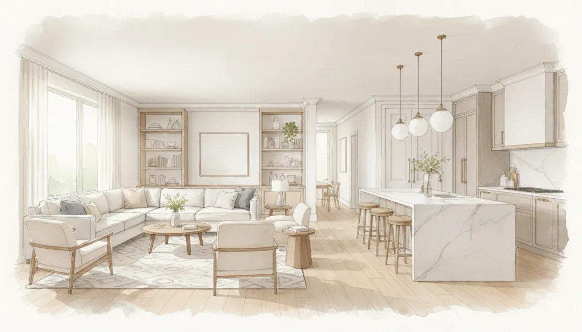 Renovated living room flowing into an updated neutral-toned kitchen