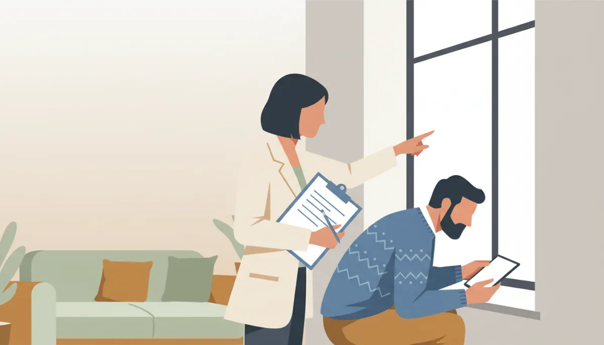 Homebuyer and agent inspecting interior details during a home tour