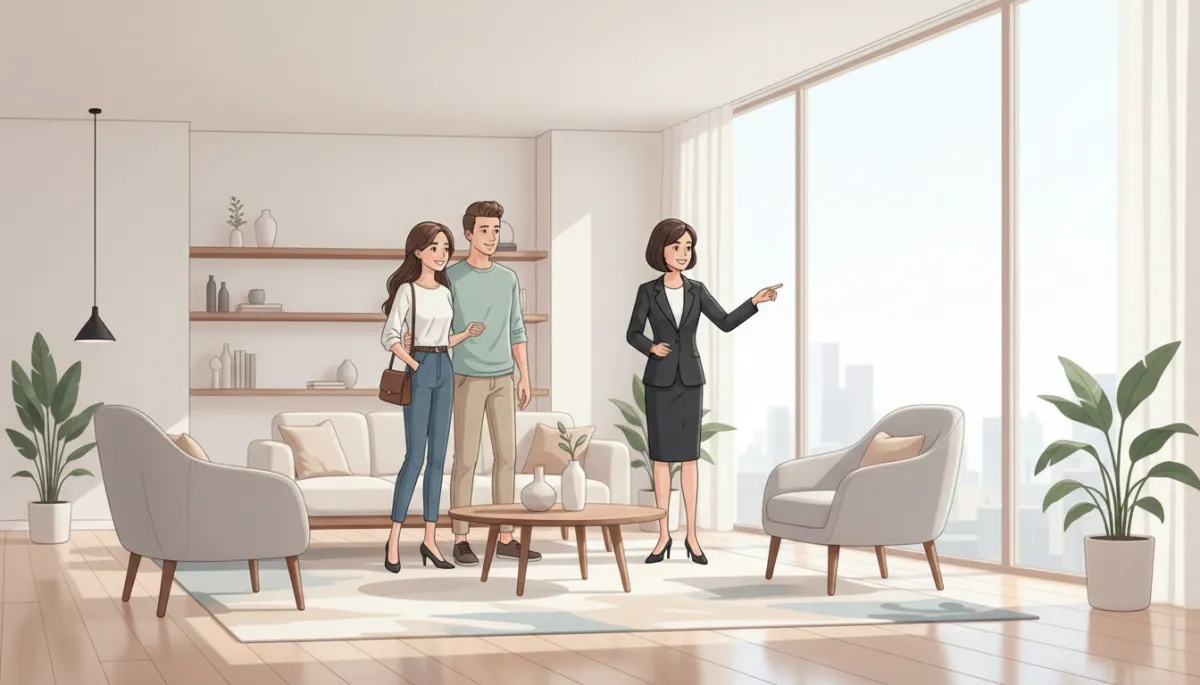 Real estate agent showing a well-staged living room to homebuyers Real estate agent showing a well-staged living room to homebuyers