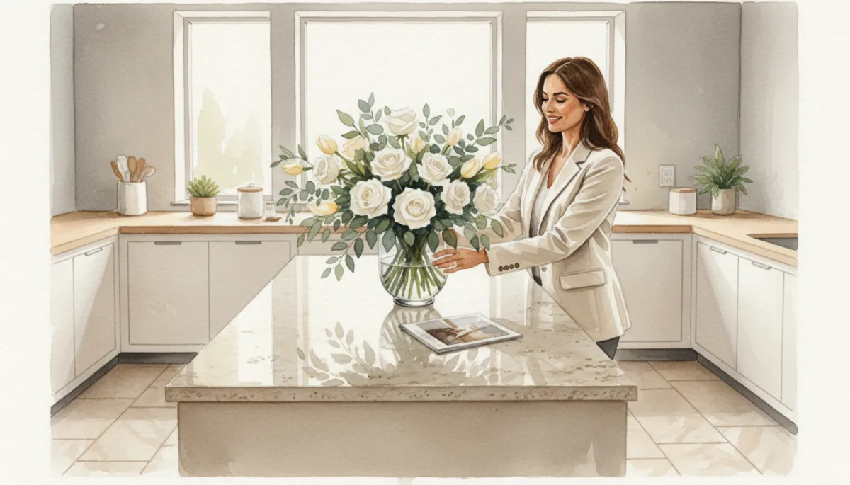 Real estate agent staging a bright, neutral kitchen for a home showing Real estate agent staging a bright, neutral kitchen for a home showing