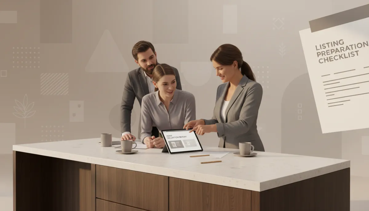 Real estate agent reviewing home selling options with family members Real estate agent reviewing home selling options with family members