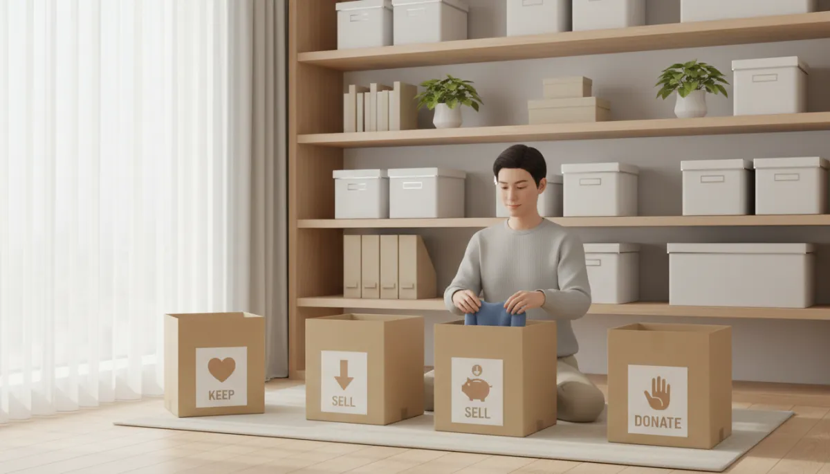 Homeowner calmly sorting belongings into labeled moving boxes in a bright neutral room