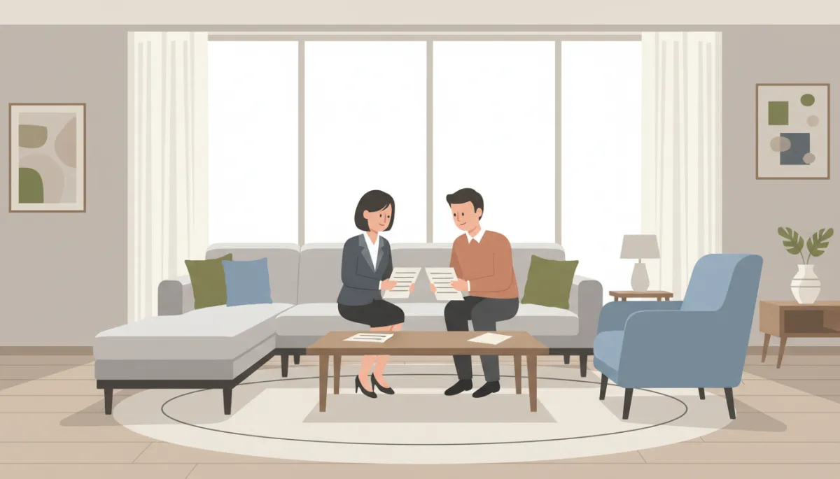 Real estate agent and homeowner discussing a home sale plan in a staged living room Real estate agent and homeowner discussing a home sale plan in a staged living room
