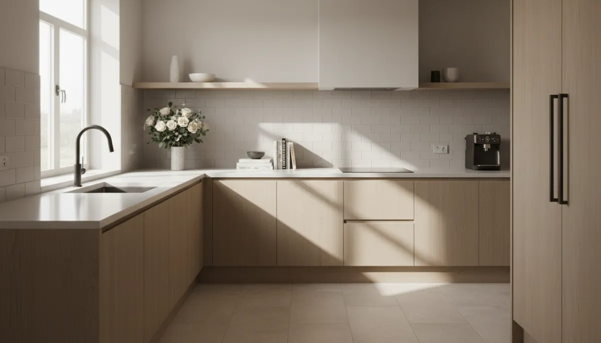Bright, neutral kitchen staged simply and neatly for homebuyers