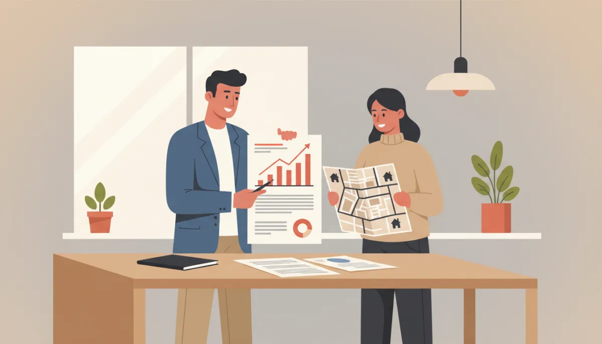 Real estate agent reviewing local market data with a homeowner Real estate agent reviewing local market data with a homeowner