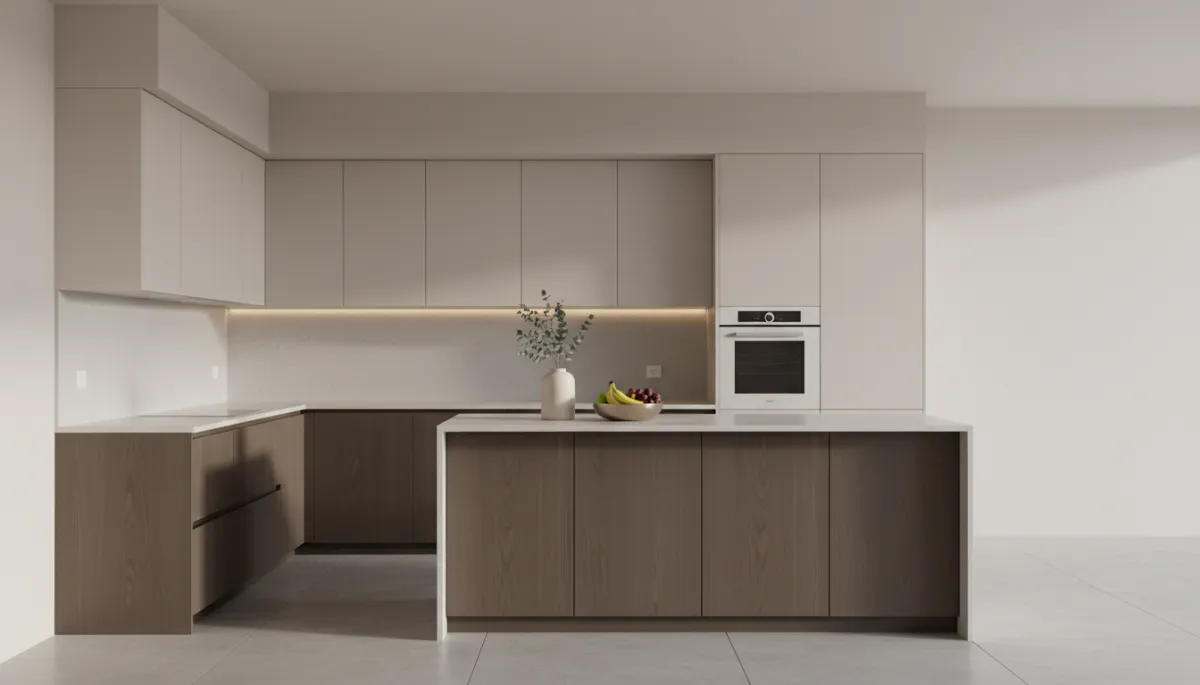 Neutral kitchen with decluttered countertops and simple, professional staging