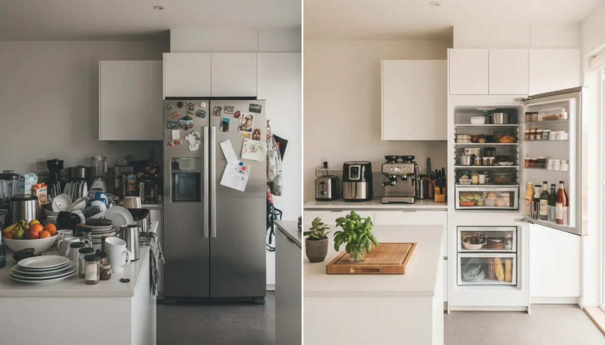 Before-and-after style view of a kitchen transformed by decluttering
