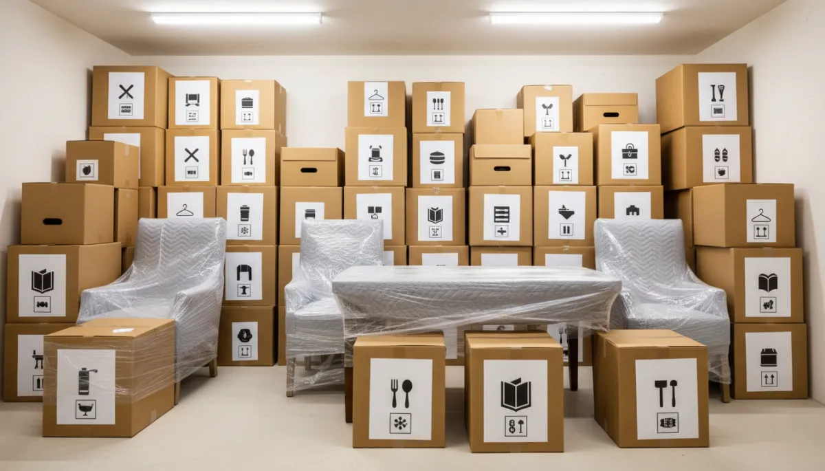 Neatly organized storage unit with labeled boxes and stored furniture