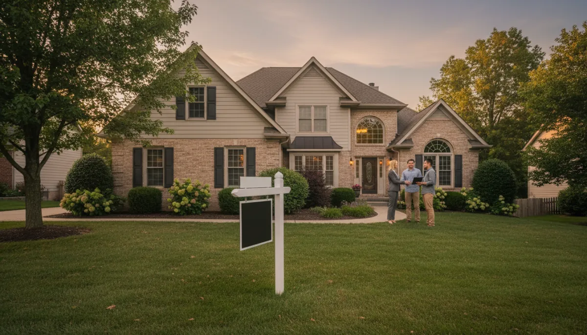 Real estate agent shaking hands with home sellers in front of a listed home
