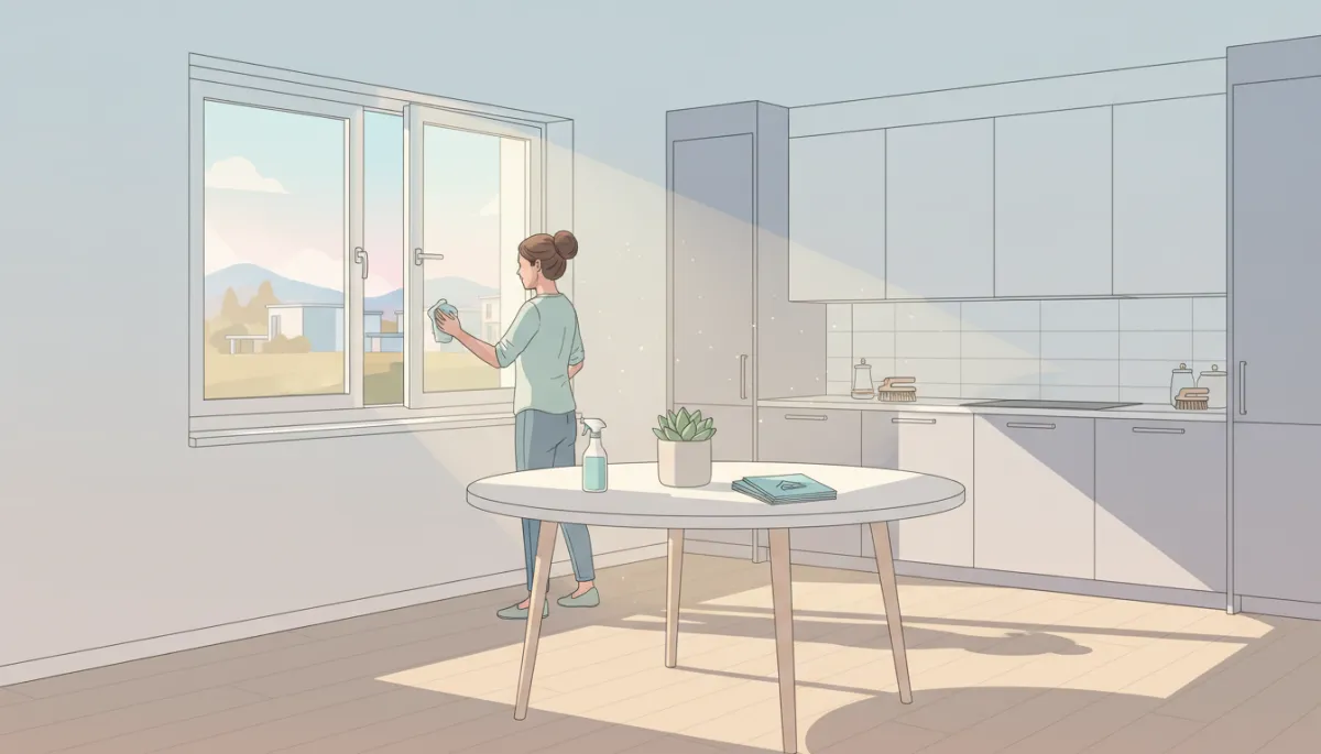 Homeowner airing out and cleaning a bright kitchen before showings