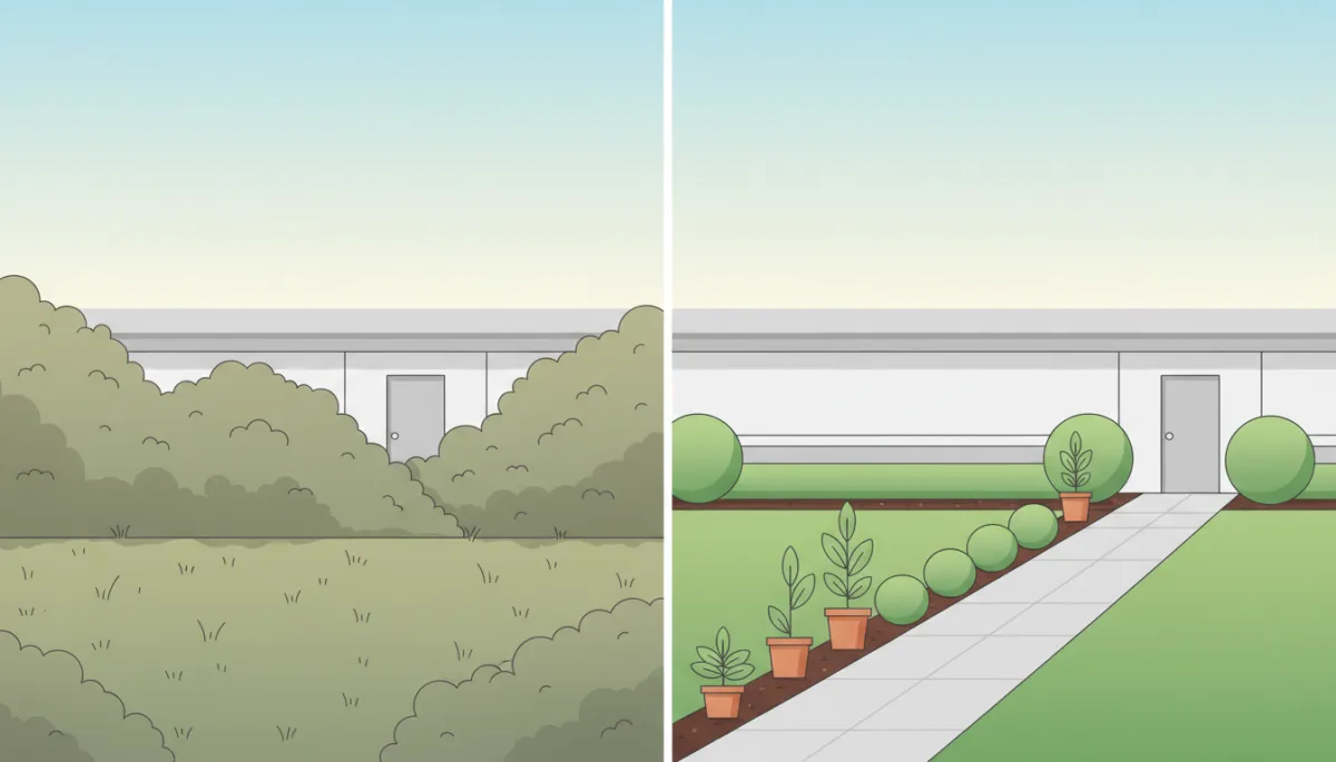 Before and after comparison of front yard landscaping improvements
