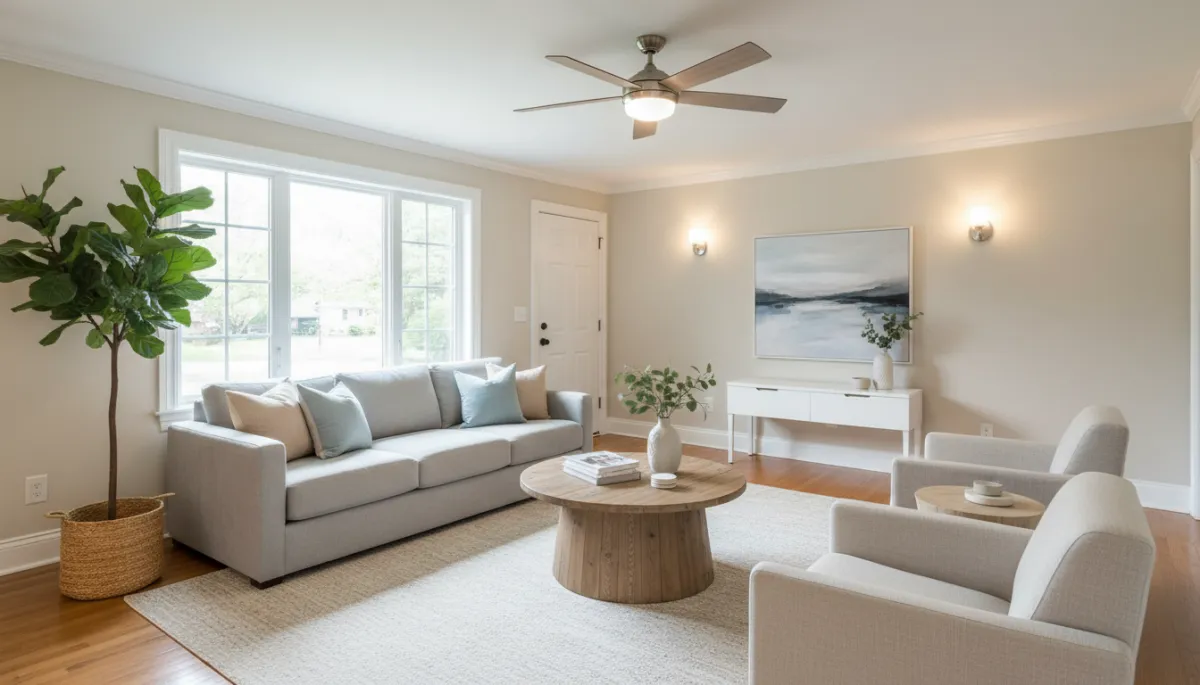 Freshly repaired and staged living room helping buyers feel comfortable Freshly repaired and staged living room helping buyers feel comfortable