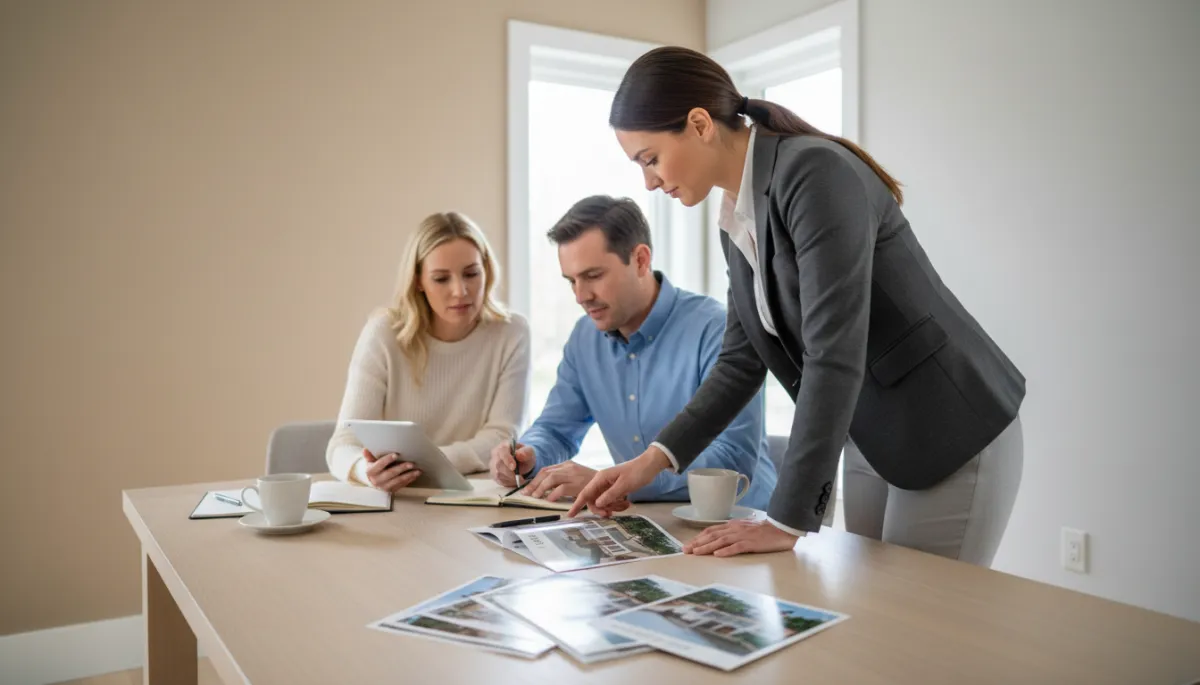 Real estate agent discussing a customized home-selling plan with clients Real estate agent discussing a customized home-selling plan with clients
