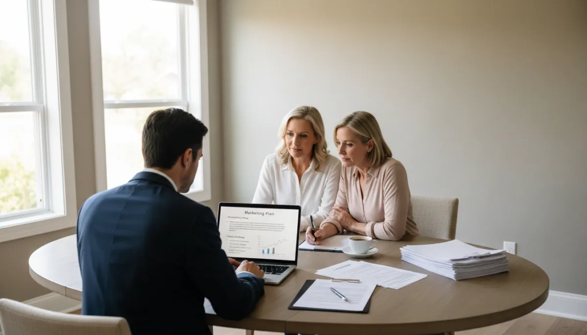 Real estate agent reviewing a home selling plan with local homeowners