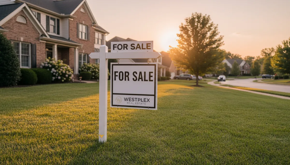 For sale sign in front of a well-presented suburban home