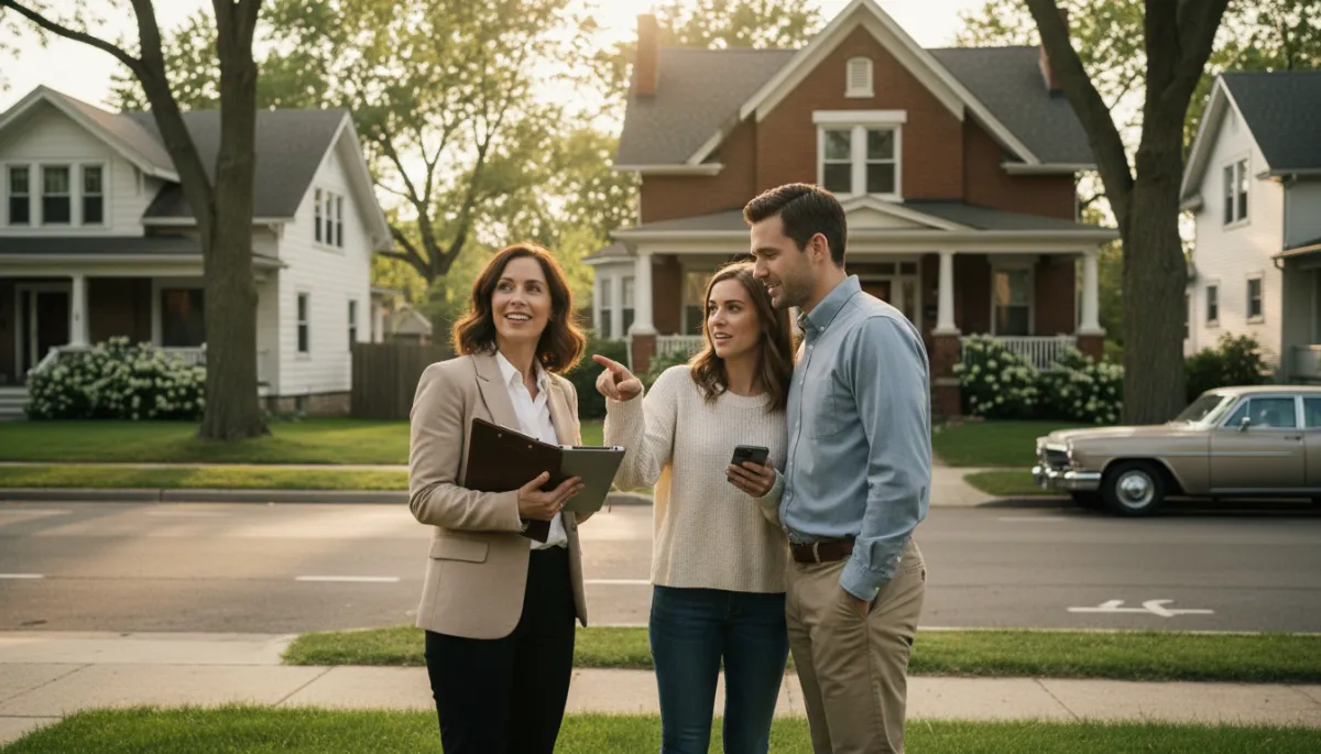 Real estate agent discussing local home options with buyers in a small town neighborhood Real estate agent discussing local home options with buyers in a small town neighborhood