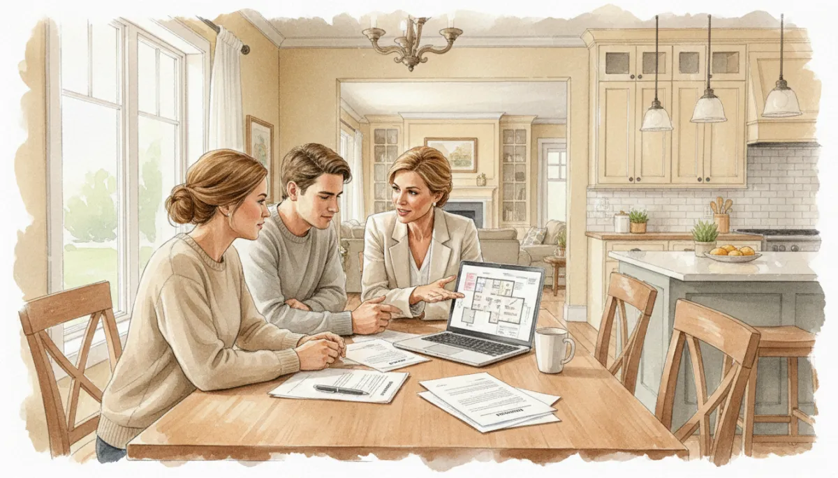 Real estate agent meeting with home sellers at a kitchen table in Truesdale Missouri Real estate agent meeting with home sellers at a kitchen table in Truesdale Missouri