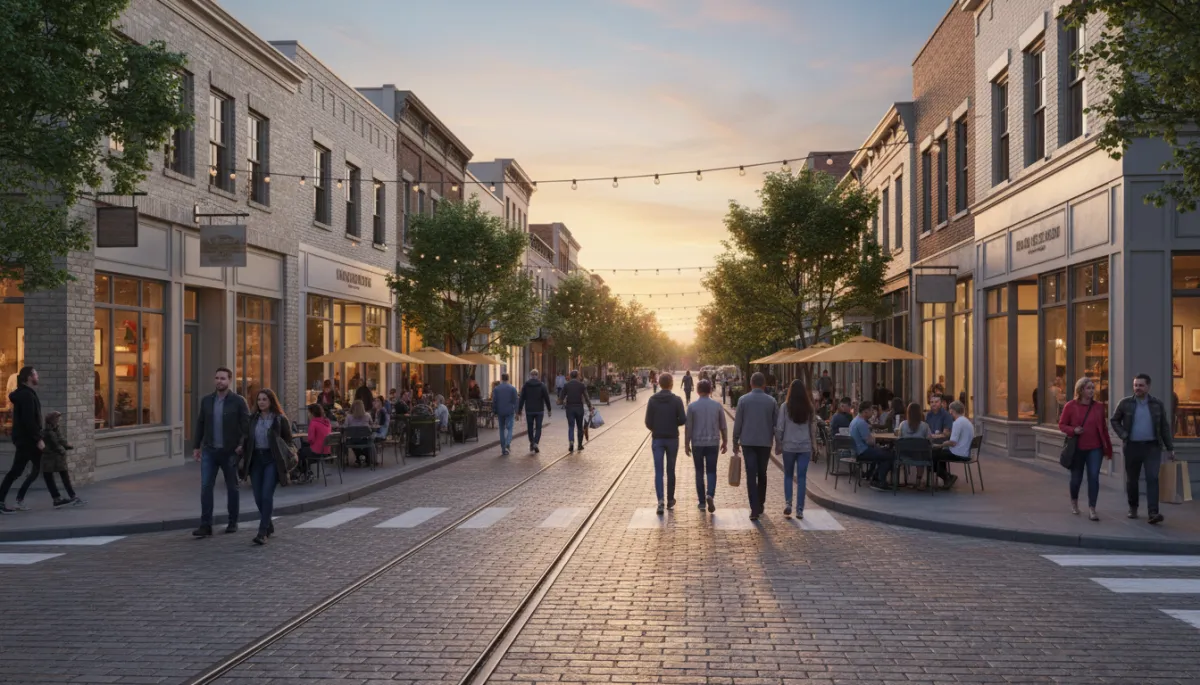 Revitalized downtown street in Warren County with shops and outdoor dining