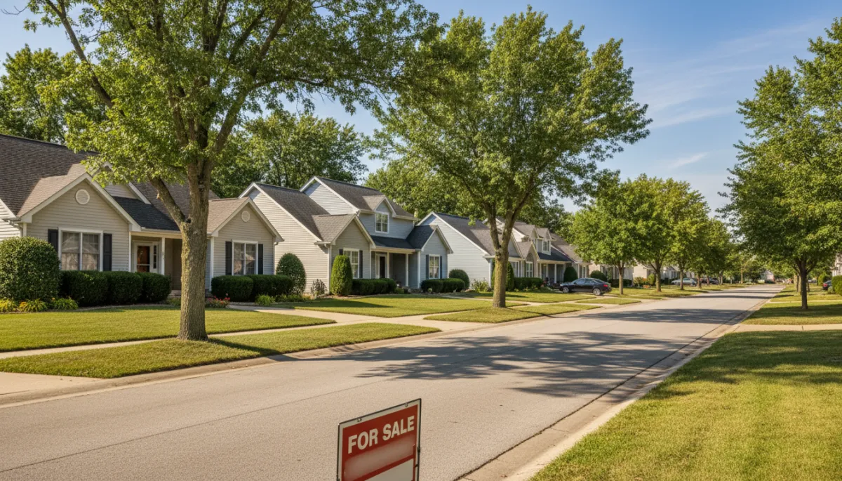Neighborhood street with a for-sale sign in front of a well-kept home